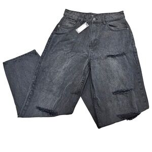 NWT PrettyLittleThing High Rise Wide Leg Jeans 8 Black Triple Thigh Split Grunge